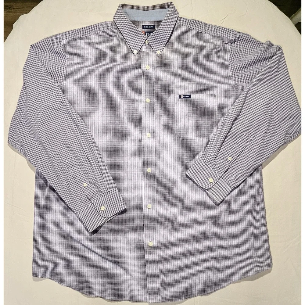 Chaps Easy Care Shirt Mens XXL Blue White Check Long Sleeve Button Down Pocket